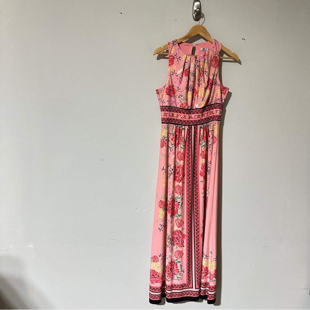 London Style Pink Floral Maxi Dress Sleeveless Size 6 Stretchy Pre-Owned